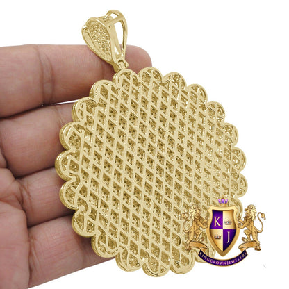 65 + Grams Real Yellow Gold Sterling Silver Big XL 3.75'' Round Flower Medallion Simulated Diamond Pendent Charm
