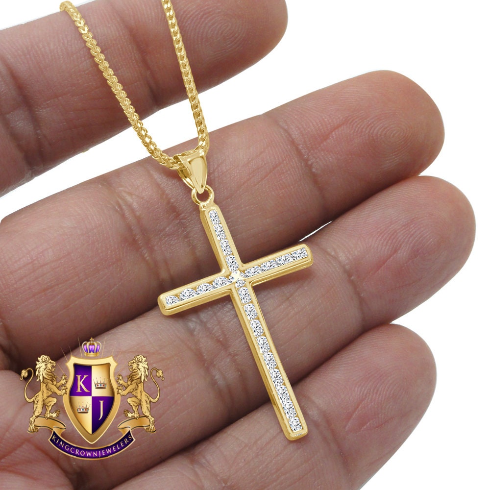 10K Real Solid Yellow Gold Holy Jesus Cross Mini Pendent Charm 1.55' Unisex + Free Chain
