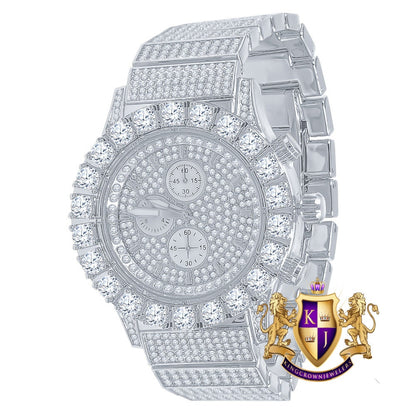 Men's 18K White Gold Finish Solitaire Simulated Diamonds Stainless Steel Back Watch 44mm