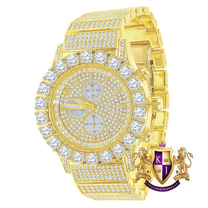 Men's 18K Yellow Gold Finish Solitaire Simulated Diamonds Stainless Steel Back Watch 44mm