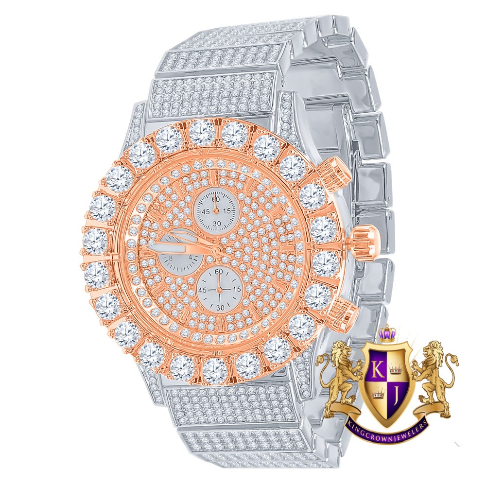 Men's 18K 2 Tone Rose Gold Finish Solitaire Simulated Diamonds Stainless Steel Back Watch 44mm