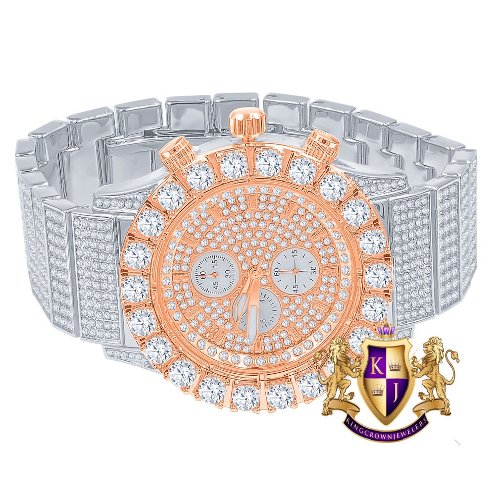 Men's 18K 2 Tone Rose Gold Finish Solitaire Simulated Diamonds Stainless Steel Back Watch 44mm