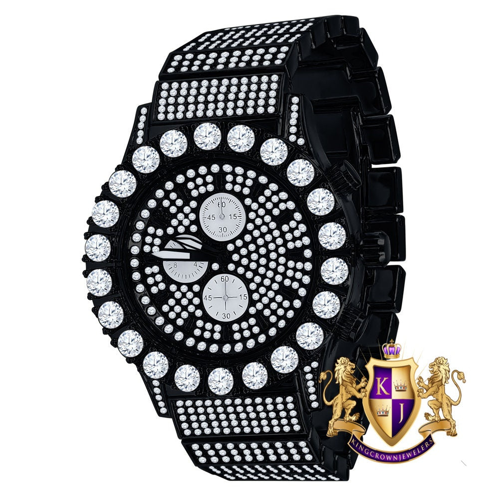 Men's 18K Black Gold Finish Solitaire Simulated Diamonds Stainless Steel Back Watch 44mm