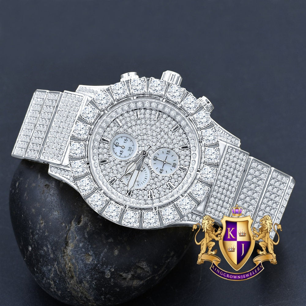 Men's 18K White Gold Finish Solitaire Simulated Diamonds Stainless Steel Back Watch 44mm