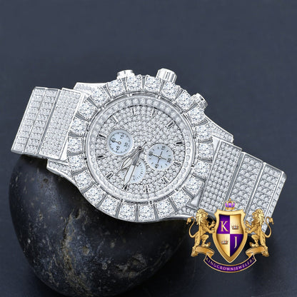 Men's 18K White Gold Finish Solitaire Simulated Diamonds Stainless Steel Back Watch 44mm
