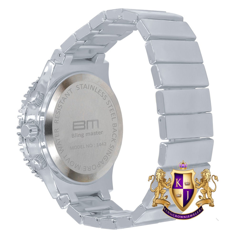 Men's 18K White Gold Finish Solitaire Simulated Diamonds Stainless Steel Back Watch 44mm