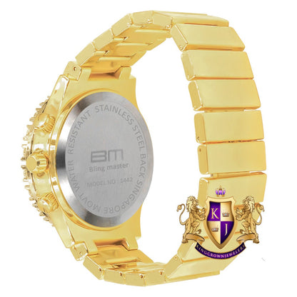 Men's 18K Yellow Gold Finish Solitaire Simulated Diamonds Stainless Steel Back Watch 44mm