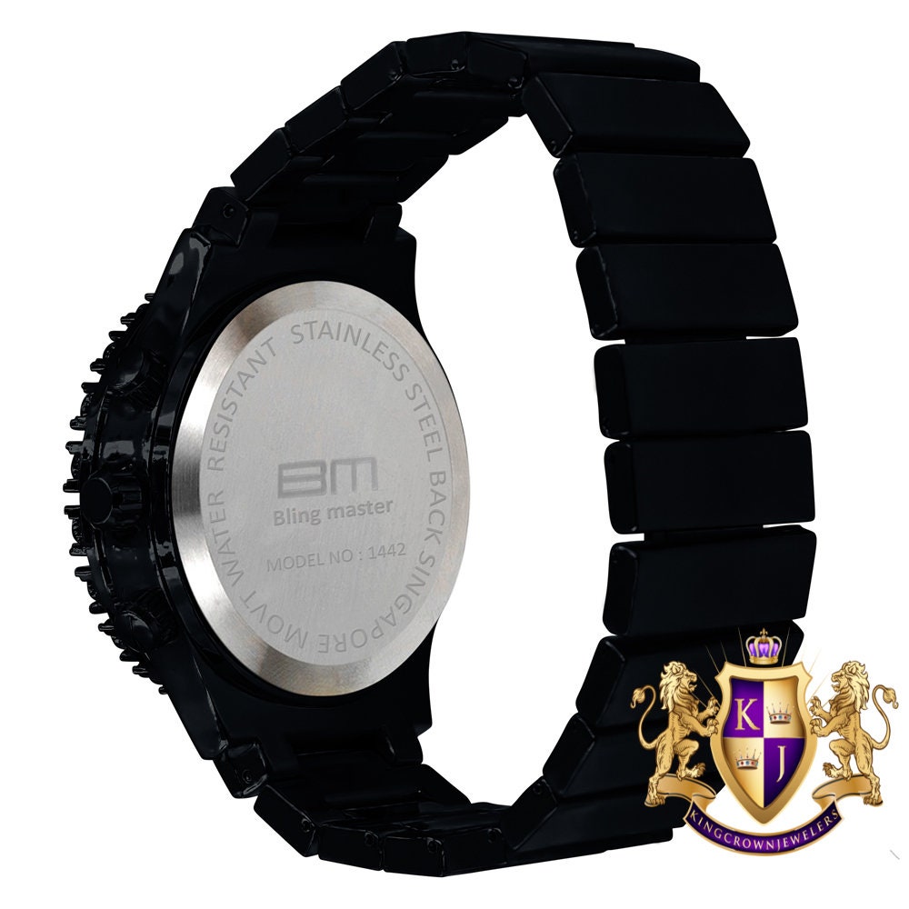Men's 18K Black Gold Finish Solitaire Simulated Diamonds Stainless Steel Back Watch 44mm