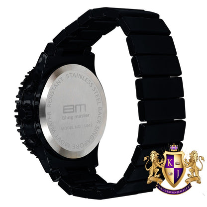 Men's 18K Black Gold Finish Solitaire Simulated Diamonds Stainless Steel Back Watch 44mm