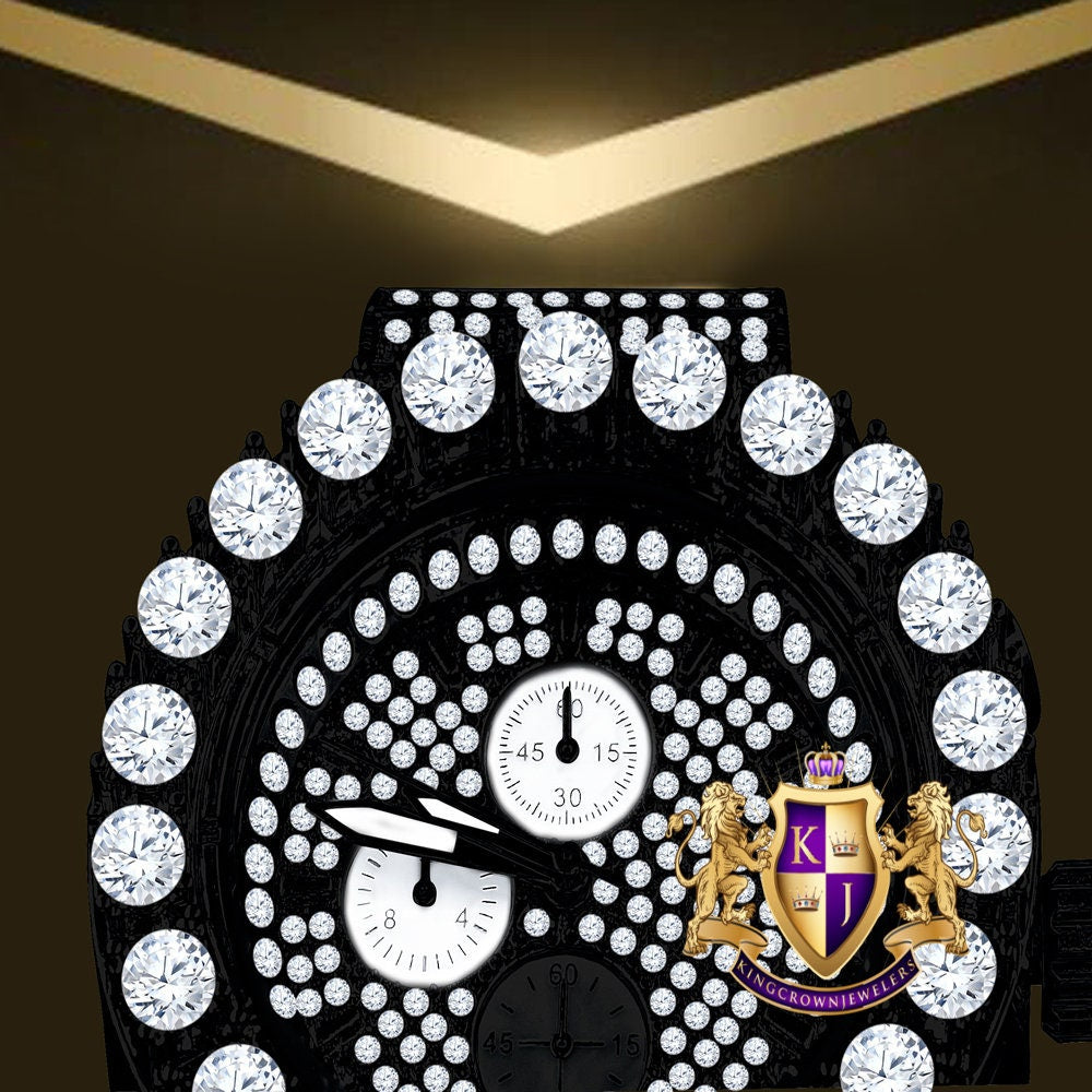 Men's 18K Black Gold Finish Solitaire Simulated Diamonds Stainless Steel Back Watch 44mm