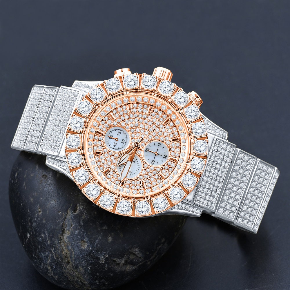 Men's 18K 2 Tone Rose Gold Finish Solitaire Simulated Diamonds Stainless Steel Back Watch 44mm