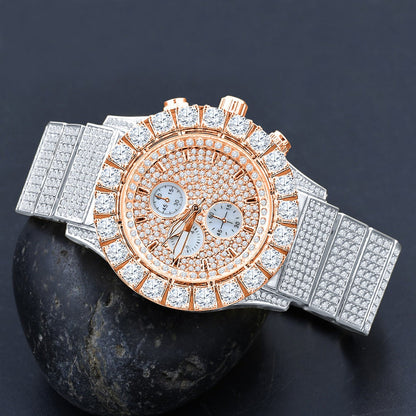 Men's 18K 2 Tone Rose Gold Finish Solitaire Simulated Diamonds Stainless Steel Back Watch 44mm