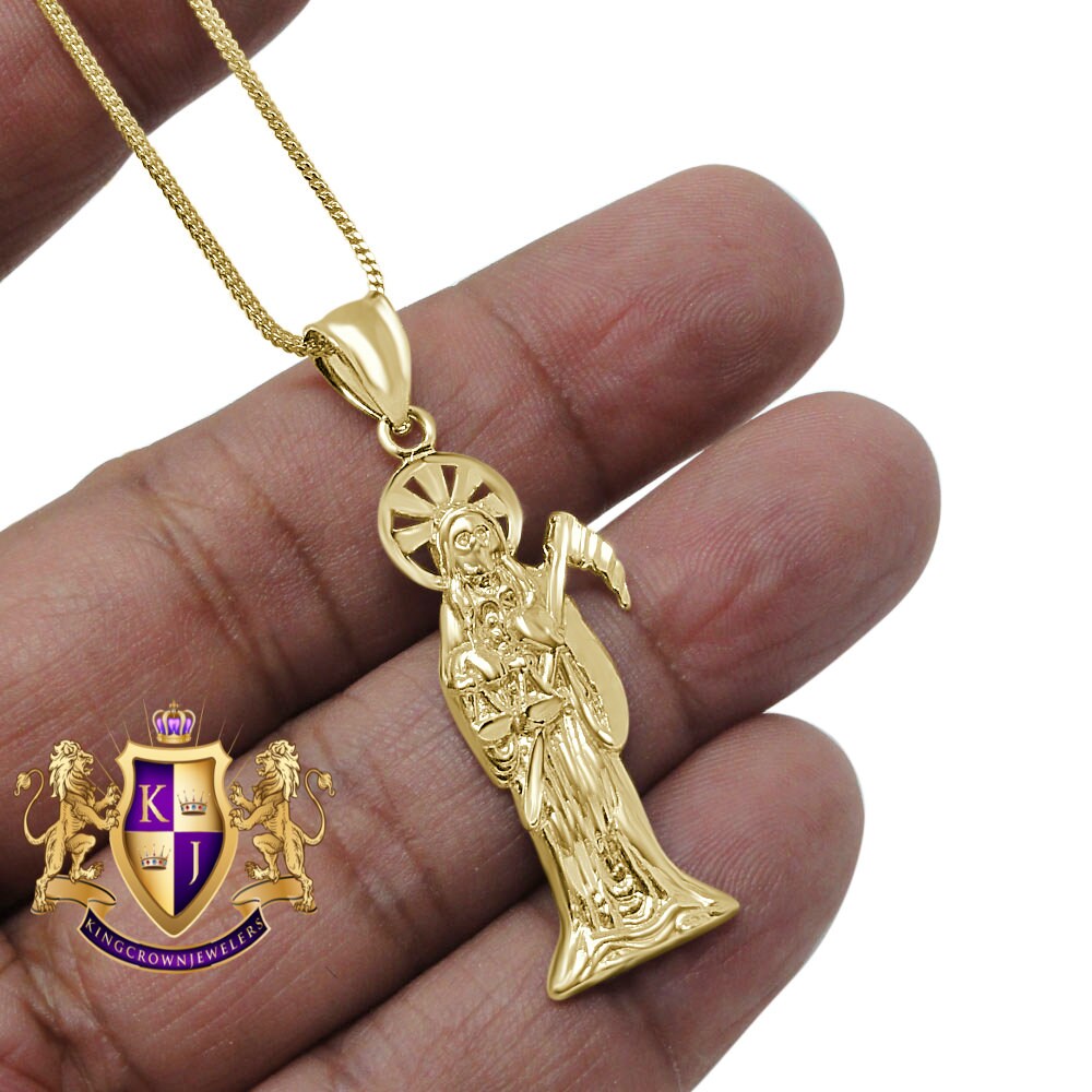 100% 10k Real Yellow Gold Santa Muerte Grim Reaper Angel of Death Pendent Charm 1.75''