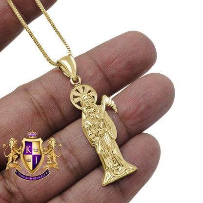 100% 10k Real Yellow Gold Santa Muerte Grim Reaper Angel of Death Pendent Charm 1.75''