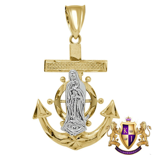 10K Solid Real Yellow Gold Virgin Mary Anchor Pendant Lady Of Guadalupe Cross Charm 1.80''