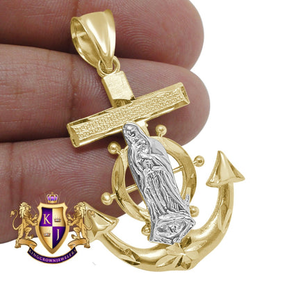 10K Solid Real Yellow Gold Virgin Mary Anchor Pendant Lady Of Guadalupe Cross Charm 1.80''