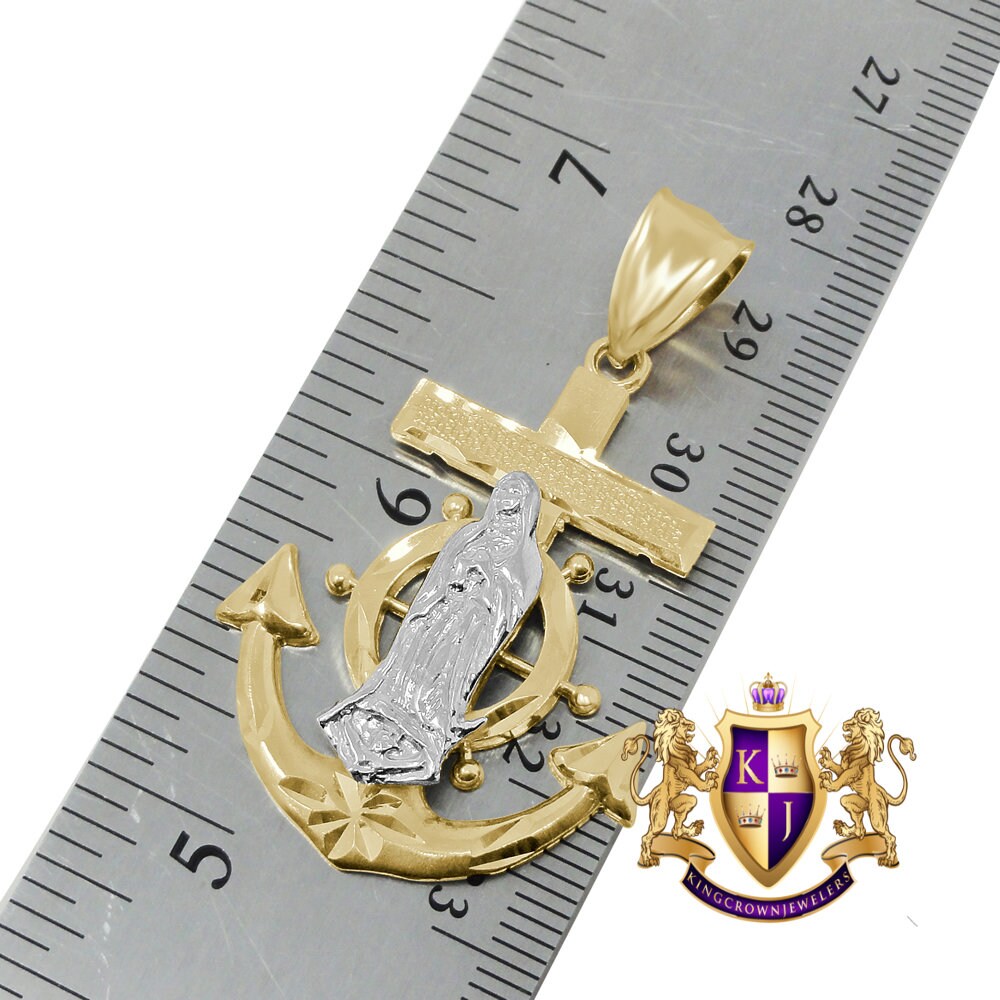 10K Solid Real Yellow Gold Virgin Mary Anchor Pendant Lady Of Guadalupe Cross Charm 1.80''