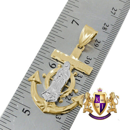 10K Solid Real Yellow Gold Virgin Mary Anchor Pendant Lady Of Guadalupe Cross Charm 1.80''