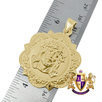 Men's 10K Solid Yellow Gold Holy Jesus Face Piece Medallion Pendent Charm 2.25''