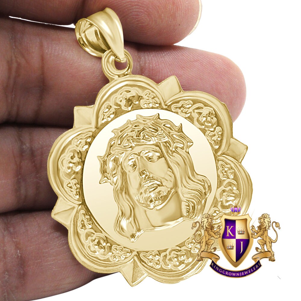 Men's 10K Solid Yellow Gold Holy Jesus Face Piece Medallion Pendent Charm 2.25''