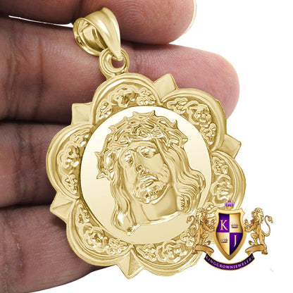 Men's 10K Solid Yellow Gold Holy Jesus Face Piece Medallion Pendent Charm 2.25''