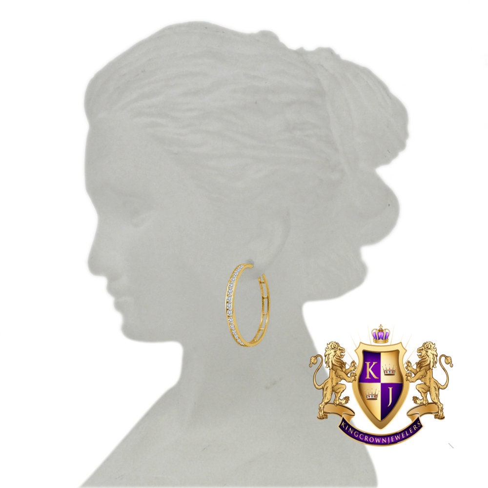 10k Real Solid Yellow Gold 1 row Channel Set Ladies Women's  Huggie Hoop Loop Earrings 26mm 2.7 + Grams