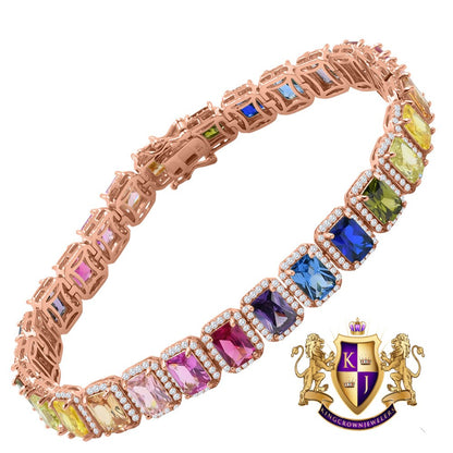 14K Rose Gold Finish Rainbow Multi Tone Simulated Diamonds Solitaire Mens Ladies Bracelet 10mm / 8.5 Inch