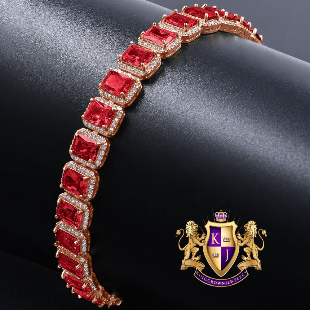 14K Rose Gold Over Ruby Red 6.00 Cwt. Simulated Diamonds Solitaire Men's Ladies Tennis Link Bracelet 10mm / 8.5 Inch