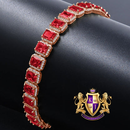 14K Rose Gold Over Ruby Red 6.00 Cwt. Simulated Diamonds Solitaire Men's Ladies Tennis Link Bracelet 10mm / 8.5 Inch