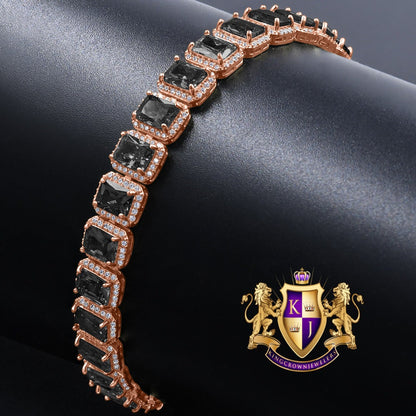 14K Rose Gold Finish Onyx Black Simulated Diamonds Solitaire Mens Ladies Bracelet 10mm / 8.5 Inch