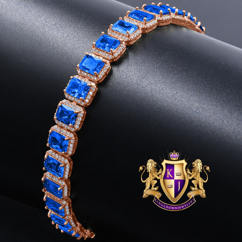 14K Rose Gold Finish Sapphire Blue 6.00 Cwt. Simulated Diamonds Solitaire Men's Ladies Tennis Link Bracelet 10mm / 8.5 Inch
