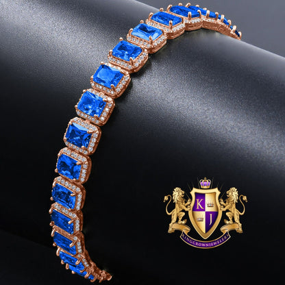 14K Rose Gold Finish Sapphire Blue 6.00 Cwt. Simulated Diamonds Solitaire Men's Ladies Tennis Link Bracelet 10mm / 8.5 Inch
