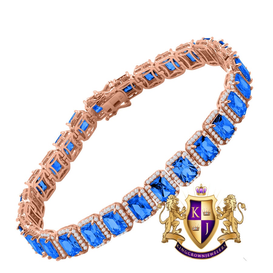 14K Rose Gold Finish Sapphire Blue 6.00 Cwt. Simulated Diamonds Solitaire Men's Ladies Tennis Link Bracelet 10mm / 8.5 Inch
