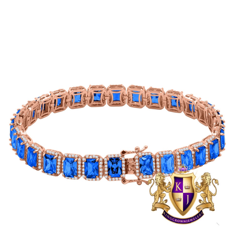 14K Rose Gold Finish Sapphire Blue 6.00 Cwt. Simulated Diamonds Solitaire Men's Ladies Tennis Link Bracelet 10mm / 8.5 Inch