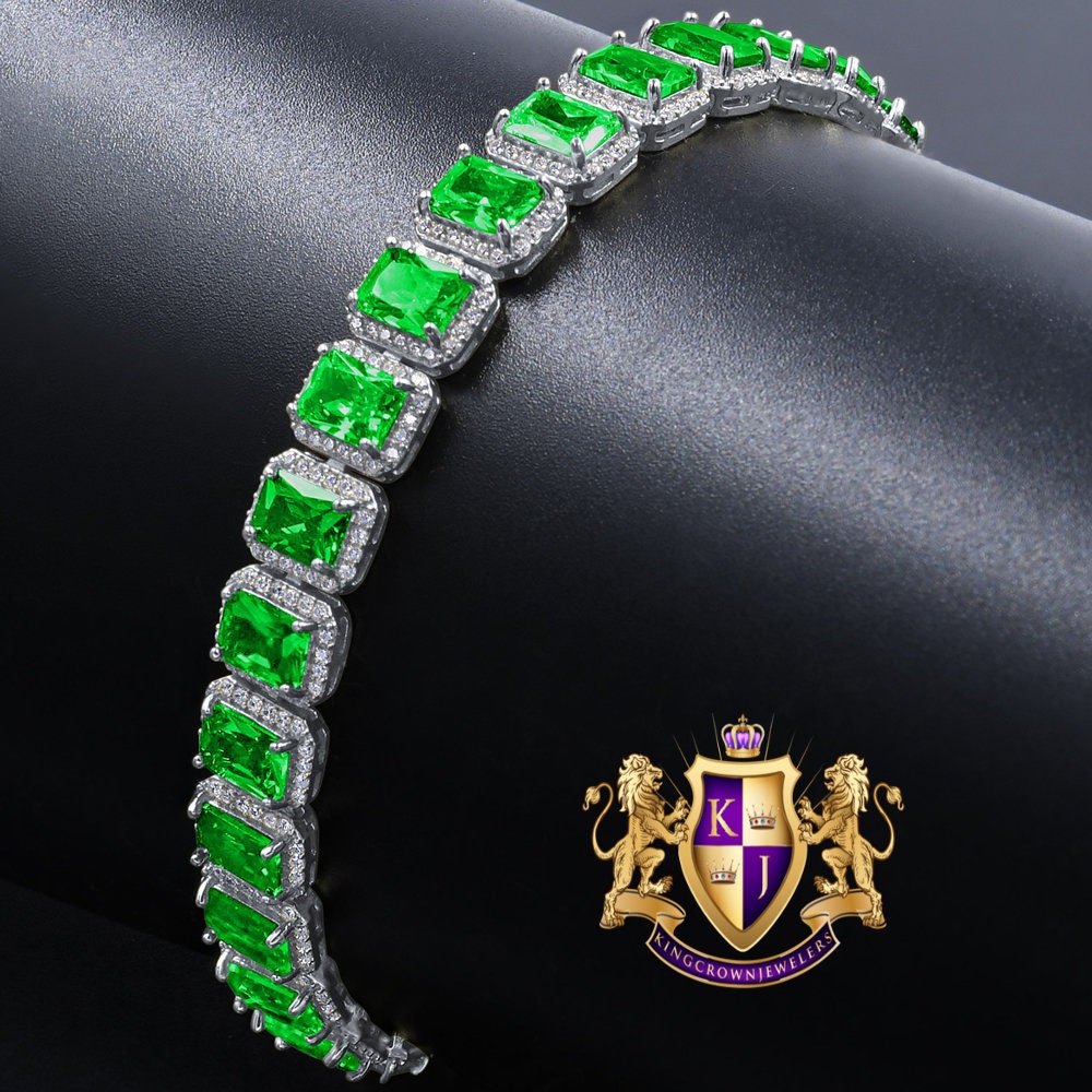 14K White Gold Finish Emerald Green Simulated Diamonds Solitaire Mens Ladies Bracelet 10mm / 8.5 Inch