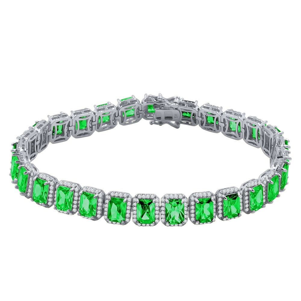 14K White Gold Finish Emerald Green Simulated Diamonds Solitaire Mens Ladies Bracelet 10mm / 8.5 Inch
