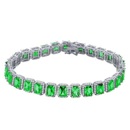 14K White Gold Finish Emerald Green Simulated Diamonds Solitaire Mens Ladies Bracelet 10mm / 8.5 Inch