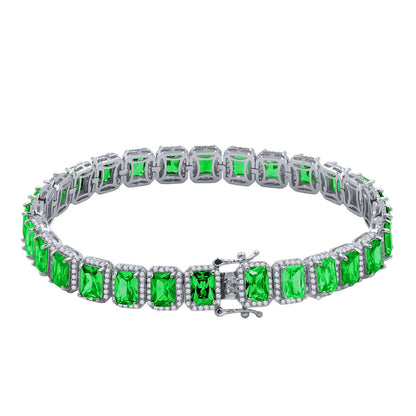 14K White Gold Finish Emerald Green Simulated Diamonds Solitaire Mens Ladies Bracelet 10mm / 8.5 Inch