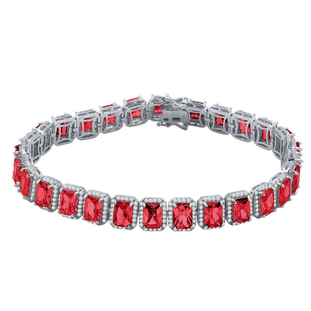 14K White Gold Over Ruby Red 6.00 Cwt. Simulated Diamonds Solitaire Men's Ladies Tennis Link Bracelet 10mm / 8.5 Inch