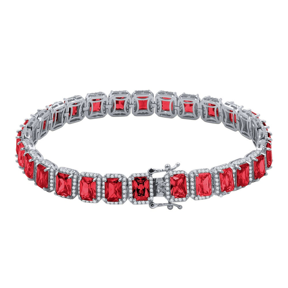 14K White Gold Over Ruby Red 6.00 Cwt. Simulated Diamonds Solitaire Men's Ladies Tennis Link Bracelet 10mm / 8.5 Inch