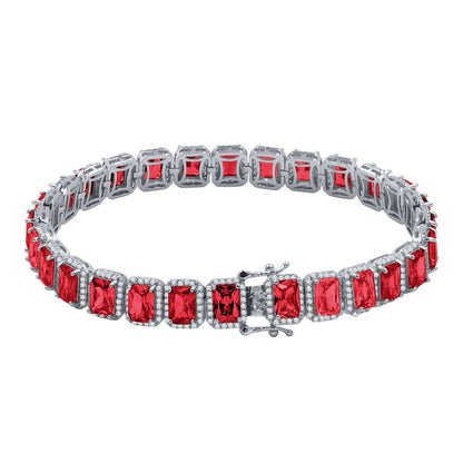 14K White Gold Over Ruby Red 6.00 Cwt. Simulated Diamonds Solitaire Men's Ladies Tennis Link Bracelet 10mm / 8.5 Inch