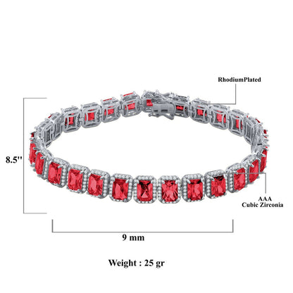 14K White Gold Over Ruby Red 6.00 Cwt. Simulated Diamonds Solitaire Men's Ladies Tennis Link Bracelet 10mm / 8.5 Inch
