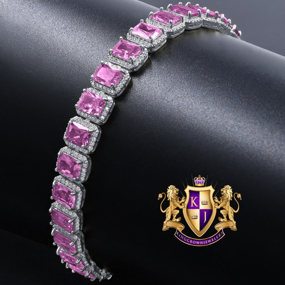 14K White Gold Finish Purple Amethyst Simulated Diamonds Solitaire Mens Ladies Bracelet 10mm / 8.5 Inch