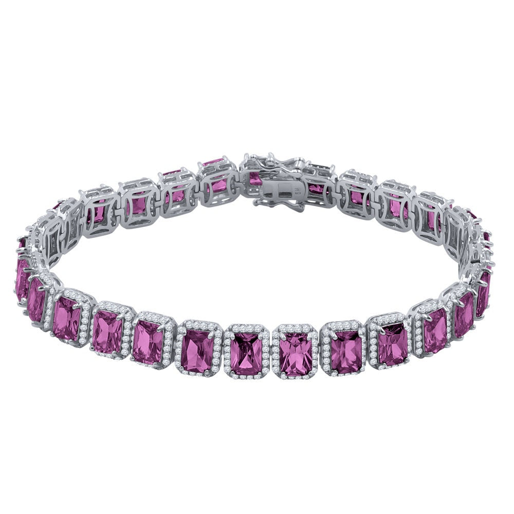 14K White Gold Finish Purple Amethyst Simulated Diamonds Solitaire Mens Ladies Bracelet 10mm / 8.5 Inch