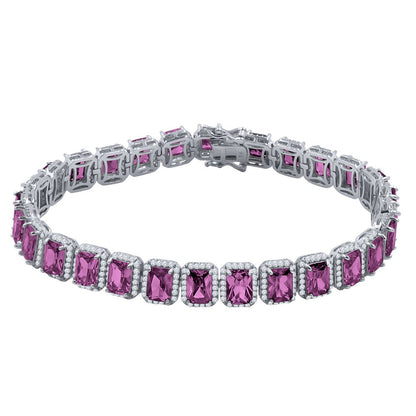 14K White Gold Finish Purple Amethyst Simulated Diamonds Solitaire Mens Ladies Bracelet 10mm / 8.5 Inch
