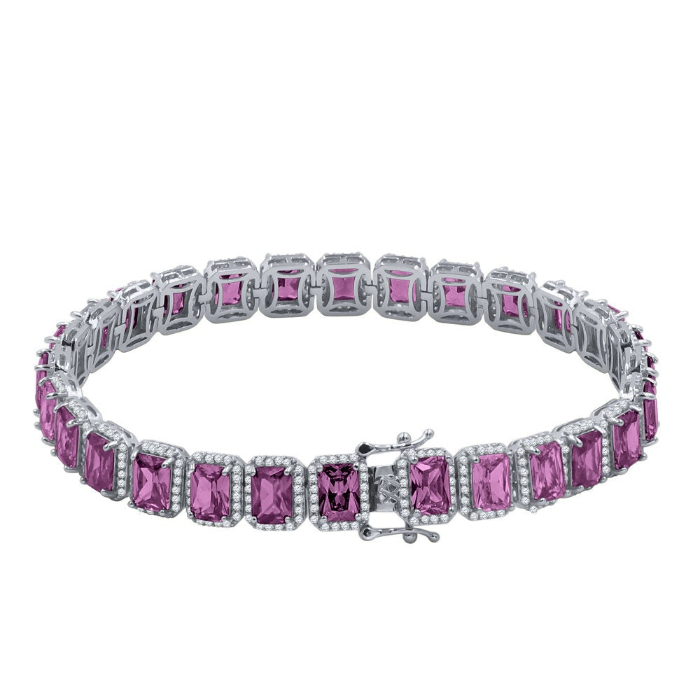 14K White Gold Finish Purple Amethyst Simulated Diamonds Solitaire Mens Ladies Bracelet 10mm / 8.5 Inch