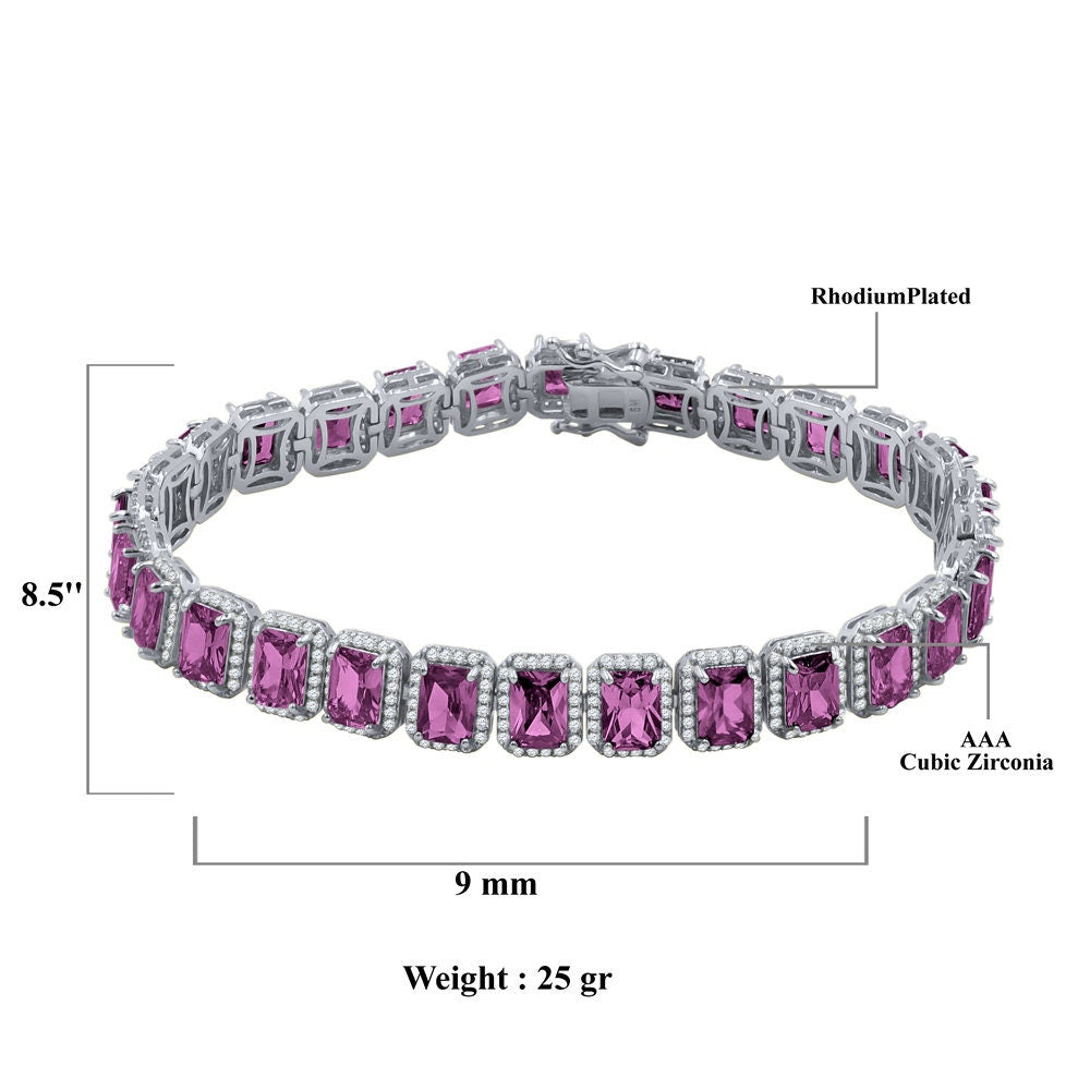 14K White Gold Finish Purple Amethyst Simulated Diamonds Solitaire Mens Ladies Bracelet 10mm / 8.5 Inch