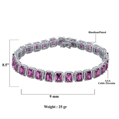 14K White Gold Finish Purple Amethyst Simulated Diamonds Solitaire Mens Ladies Bracelet 10mm / 8.5 Inch