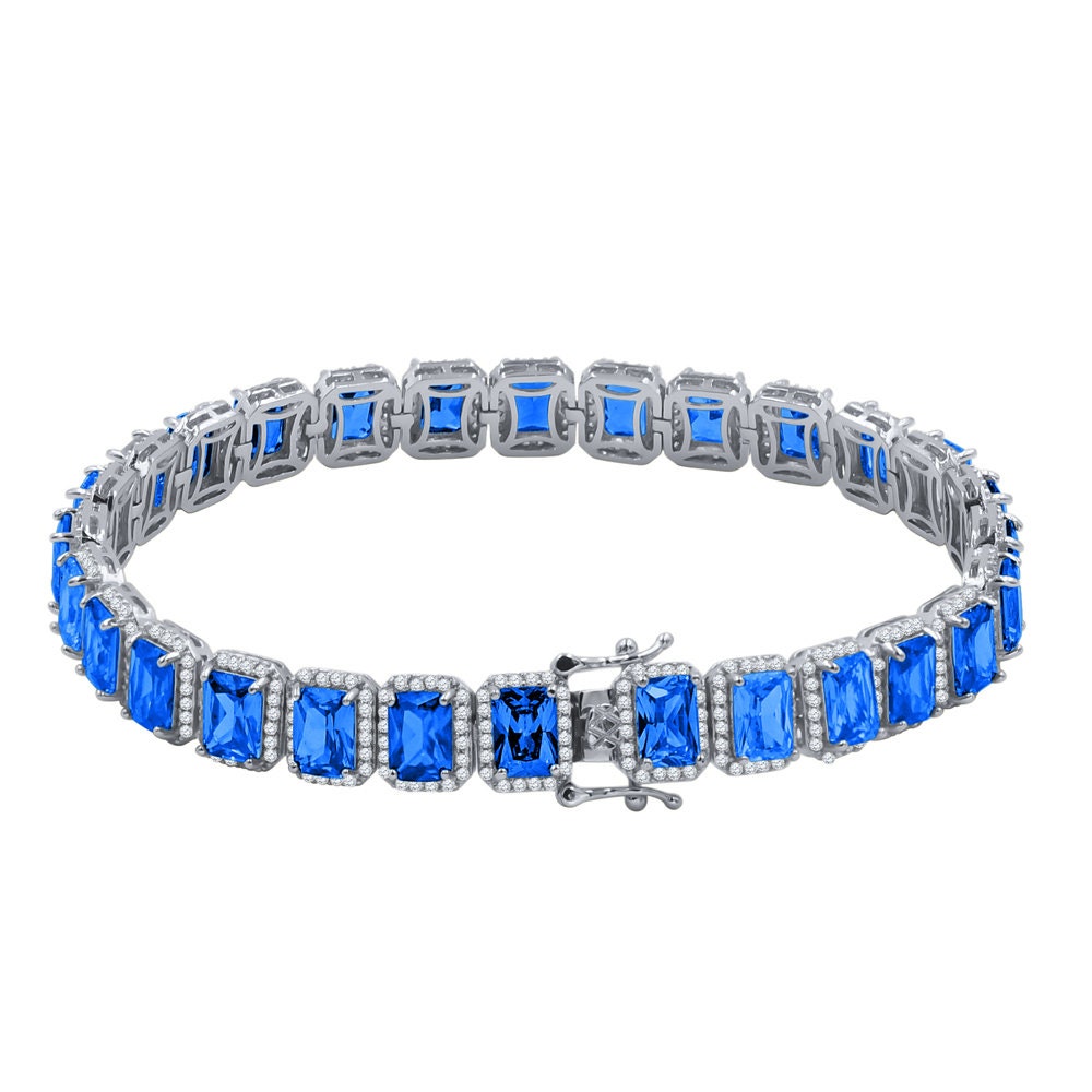 14K White Gold Finish Blue Sapphire  Simulated Diamonds Solitaire Mens Ladies Bracelet 10mm / 8.5 Inch