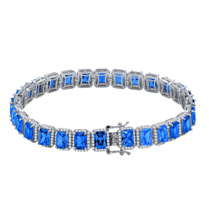 14K White Gold Finish Blue Sapphire  Simulated Diamonds Solitaire Mens Ladies Bracelet 10mm / 8.5 Inch